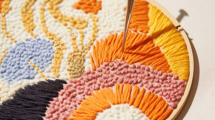 Wall Mural - Close up of Punch Needle embroidery. New trend in embroidery Punch needle. Cozy Hobby, DIY, handicraft concept