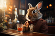 Generative ai fantasy character. Rabbit man drink his blood mary cocktail in the irish bar. Vintage retro photo