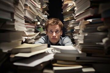 photo Depict a student's determination to tackle their workload despite the overwhelming paperwork. Generative AI