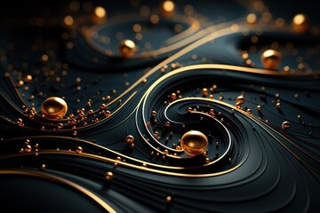  a close up of a black and gold wallpaper with a swirl design on the left side of the image and two gold balls on the right side of the wall.