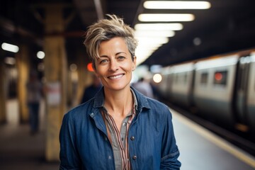 Wall Mural - Portrait of a joyful woman in her 50s sporting a versatile denim shirt against a bustling city subway background. AI Generation