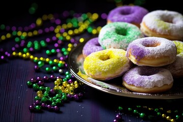 Joyful Treats: table with lively embellishments, traditional beads, and plate of scrumptious doughnuts, adorned with colorful powdered sugar. Generated AI