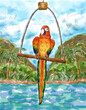Red scarlet macaw parrot with nature landscape background
