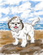 Shih Tzu dog portrait with beach nature landscape background. Watercolor painting