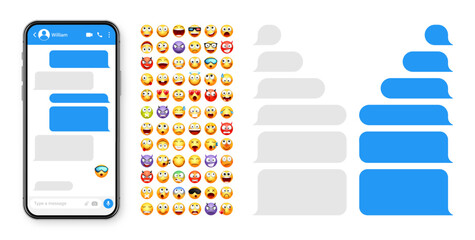 Smartphone messaging app, user interface design with emoji. SMS text frame. Chat screen with blue message bubbles. Texting app for communication. Social media application. Vector illustration