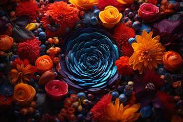 Stylized fingerprint design over a background of bright, floral patterns.