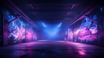 Wall Mural - Sci Fi Futuristic Smoke Fog Neon Laser and graffiti art in Garage Room,blue pink violet neon abstract background,ultraviolet light,night club Cyber Undergound Warehouse Concrete Reflective Studio