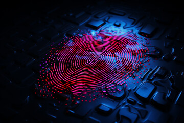 Poster - Stylized, neon-colored fingerprint on a dark, urban metal texture.