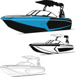 Vector, line art, and color image of a  fishing, motorboat on a white background