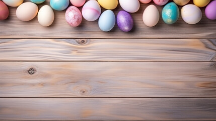 A backdrop of light wooden texture with painted Easter eggs at each corner space in the middle reserved for copy