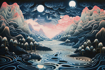 A dream-like, surreal depiction of a mountain lake with abstract patterns.