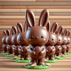 Cute easter chocolate bunny cartoon. Easter time. Card invitation. AI generated