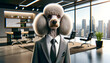 A photorealistic image of a poodle dressed in a business suit.
