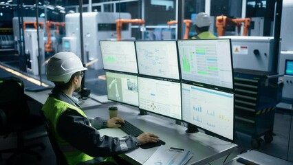 Fototapete - Caucasian Male Process Engineer Using Multi Monitor Workstation To Control Production Of Industrial Machinery on Autonomous Assembly Line With Robotic Arms. Man Adjusting Manufacturing Processes.