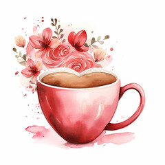 Sticker - watercolor valentine day coffe cup clipart, romantic valentine graphics, vintage with heart, hd, isolated