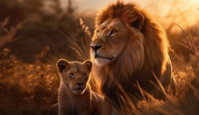 Generative AI Image Of A Majestic Lion With Cub At Sunset