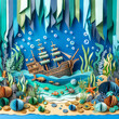 A paper and fabric undersea adventure with a sunken ship and treasure.