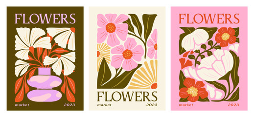 set of flower posters. spring season plants. covers with beautiful blooming wildflowers. trendy bota