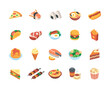 Set of colorful food icons. Bright takeaway food stickers. Hot dog, fries, tacos, sandwich, sushi and coffee. Design for app or menu. Cartoon isometric vector collection isolated on white background
