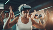 An excited elderly woman with a virtual reality headset on her head, raises her hands in the air in a room with other people. The concept of activity of the elderly