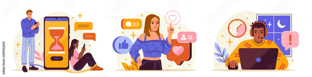 Internet Addiction Animation Internet addiction set of illustrations. Digital overload. Men and ...