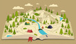 © Rudzhan - Map with mountains in book. Symbol of great adventures and travels. Tents and tresss, forest and river. Poster with hilly landscape. Cartoon flat vector illustration isolated on brown background