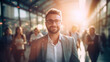 Portrait of young success business man traveling to office on blurred flare background