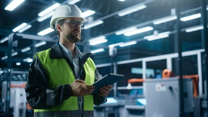 Thoughtful Caucasian Male Engineer Walking with a Tablet Computer, Monitoring Conditions at an Automated Industrial Machinery Assembly Line with Robot Hands Powered By Artificial Intelligence.
