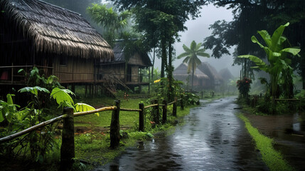 Wall Mural - rainy day in a forest village. Generative Ai