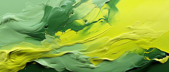 Wall Mural - Abstract acid green and yellow acrylic green paint design on canvas, featuring vibrant brush strokes and splashes.