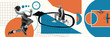 © master1305 - Competitive, muscular, athletic young men, basketball players in motion, training over colorful background. Contemporary art collage. Concept of sport, competition, championship, dynamics