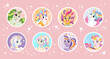 Collection of badges cute cartoon unicorn on a pink background vector