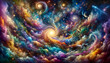 A photo-realistic, detailed image of a colorful, imaginative depiction of a fantasy galaxy.