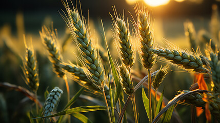 Wall Mural - Landscape of green wheat growth in the field. Rural scenery under shining sunlight.