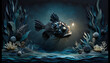 Craft an artistic handcrafted image of an anglerfish lurking in the dark depths of the ocean, using a mix of paper and fabric to showcase various text.