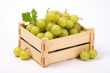 Wooden Box Of Gooseberries On White Background