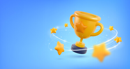 champion cup 3d vector illustration. win prize, first place sport competition. cartoon trophy cup wi