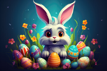 Wall Mural - Illustration of cute easter bunny with colourful eggs