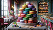 A close or medium shot angle of a colorful macaron tower at a French bakery, expertly crafted from paper and fabric to showcase a variety of textures .