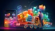 Online shopping, e-commerce concept. A man with a shopping cart and a smartphone. 3d illustration