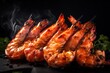  grilled shrimp on skewers on a black surface with smoke coming out of the skewers and garnished with parsleys of parsley.