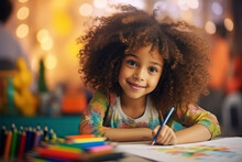 Cute Curly Child Todler Girl Draws With Colored Pencils At The Table In The Children's Room, In Kindergarten, In Developmental Classes, Art School. Happy Kid Doing Creativity
