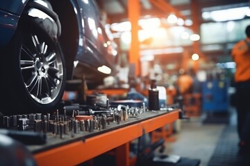 Wall Mural - Auto repair shop background. Car repair tools, professional auto mechanic tools. Automotive maintenance service, selective focus