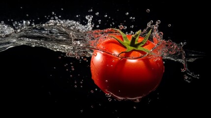 Tomato in a splash of water on a black background. Premium fresh organic vegetables