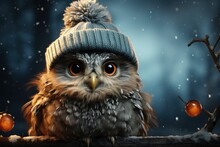  An Owl Wearing A Knitted Hat And Sitting On A Branch In Front Of An Apple Tree With Snow Falling On The Branches And Falling Off Of The Tree Branches.