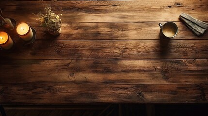 Wall Mural - vintage background with candle, weathered beauty of an old, grunge, cracked brown wood table with this rustic texture.  unique character of the wooden timber. Experiment with dramatic lighting to acce