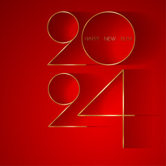 Wall Mural - Happy new year 2024 luxury golden thin numerals and shiny design on red background. Happy Holyday number, Gold foil logo, greeting card. Vector Premium symbol isolated, copy space for text