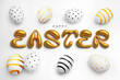 Horizontal poster for Happy Easter. Boiled chicken egg with golden striped pattern, black polka dot, gold 3D volumetric letters on white background. Concept of healthy food, religion, faith in God