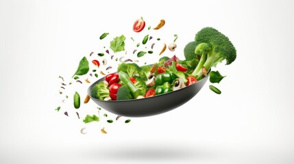 Wall Mural - vibrant culinary motion: fresh vegetables sizzling from pan to plate on white background