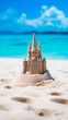 Intricate sandcastle standing alone on a sunny beach with tropical backdrop. Shallow field of view
